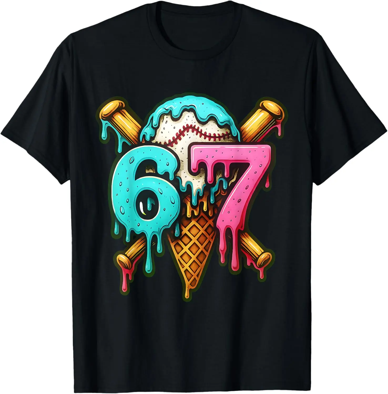 67 Baseball Ice Cream Drip T-Shirt - Crewneck Cotton Fabric Men Woman Young Boys Girl T-shirt
