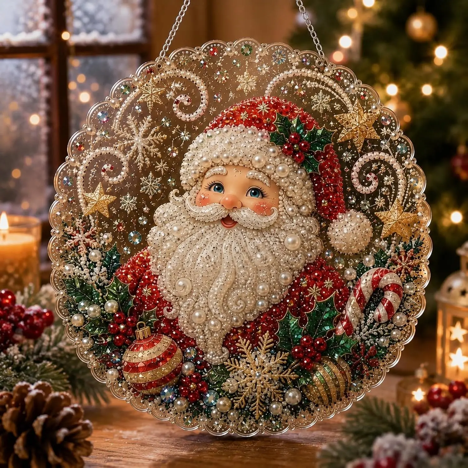 Christmas Pearl Diamond Painting Suncatcher Kit, DIY Craft (#F, 8in) | Pre-Assembled Metal Chain, Acrylic Round Board with Lace Edge, 3D Mixed-Sized Pearl Beads Craft, Festive Window Wall Decor
