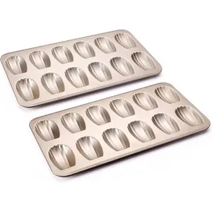 Nonstick Madeleine Pan 2 Pack 12-Cavity Heavy Duty Madeleine Cookie Trays for Oven Baking, Warp Resistant Shell Shape Madeleine Mold Cake Pan, Champagne Gold