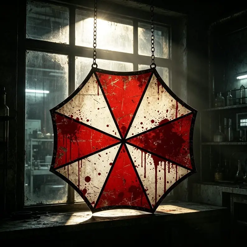 Apocalypse Stained Glass Suncatcher, Handmade Red White Umbrella Glass Panel, Gothic Window Hanging, Horror Room Decor