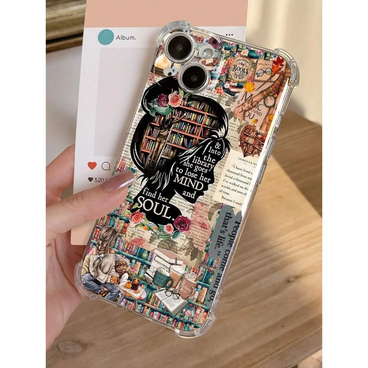 1pc Vintage Aesthetic Library, Book, Coffee, Girl, Slogan Pattern Soft Transparent Shockproof Phone Case Compatible With IPhone 11/12/13/14/15/16 /17Pro Max Waterproof Anti-Fall Scratch Resistant