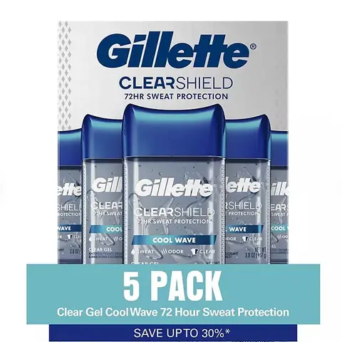 Gillette Clearshield Cool Wave Clear Gel Men's Antiperspirant & Deodorant 3.8 oz 5 Pack Non-Irritating Formula for Reliable Sweat & Odor Defense