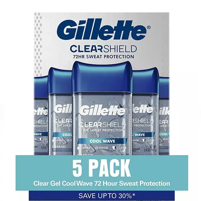 Gillette Clearshield Cool Wave Clear Gel Men's Antiperspirant & Deodorant 3.8 oz 5 Pack Non-Irritating Formula for Reliable Sweat & Odor Defense