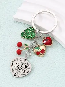 Elegant Leaf Cherry Heart Rhinestone Keychain, Stainless Steel Charm Accessory, Spring Theme Fresh Trendy Bag Decoration Gift