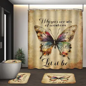 LVRLVR 4Pcs Musical Note Butterfly Vintage Print Retro Multi-Color Hanging Shower Curtain Set 70.8×70.8 Inch