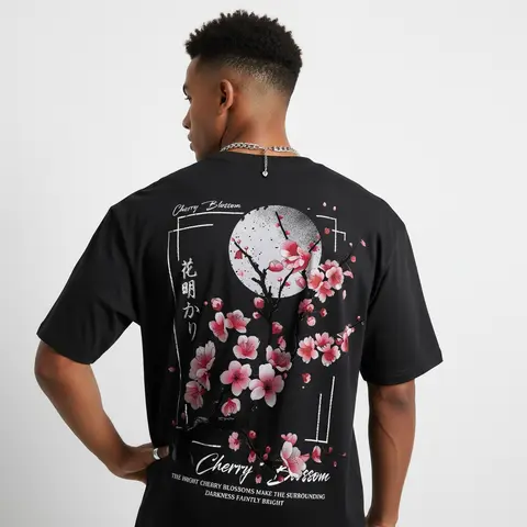 Men's Sakura Floral Print Graphic T-Shirt - 100% Cotton Black Short Sleeve Crew Neck Regular Fit Casual Wear | Soft & Breathable Fabric, Durable Print, Everyday Comfort, Machine Washable, casual Japanese urban fashion