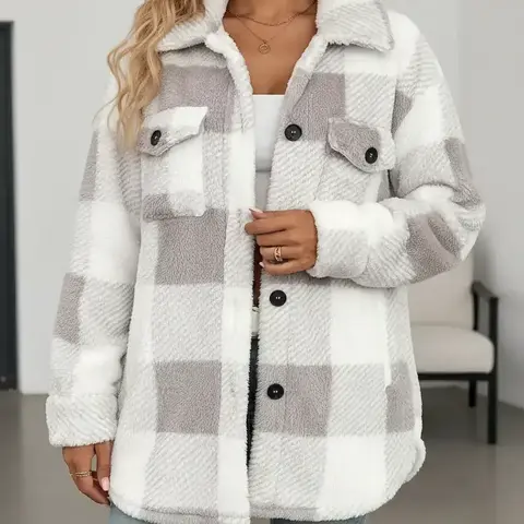 Women's Plaid Soft Fuzzy Coat with Button Front , Casual Drop Shoulder For Fall & Winter Fashion Fitted Outerwear
