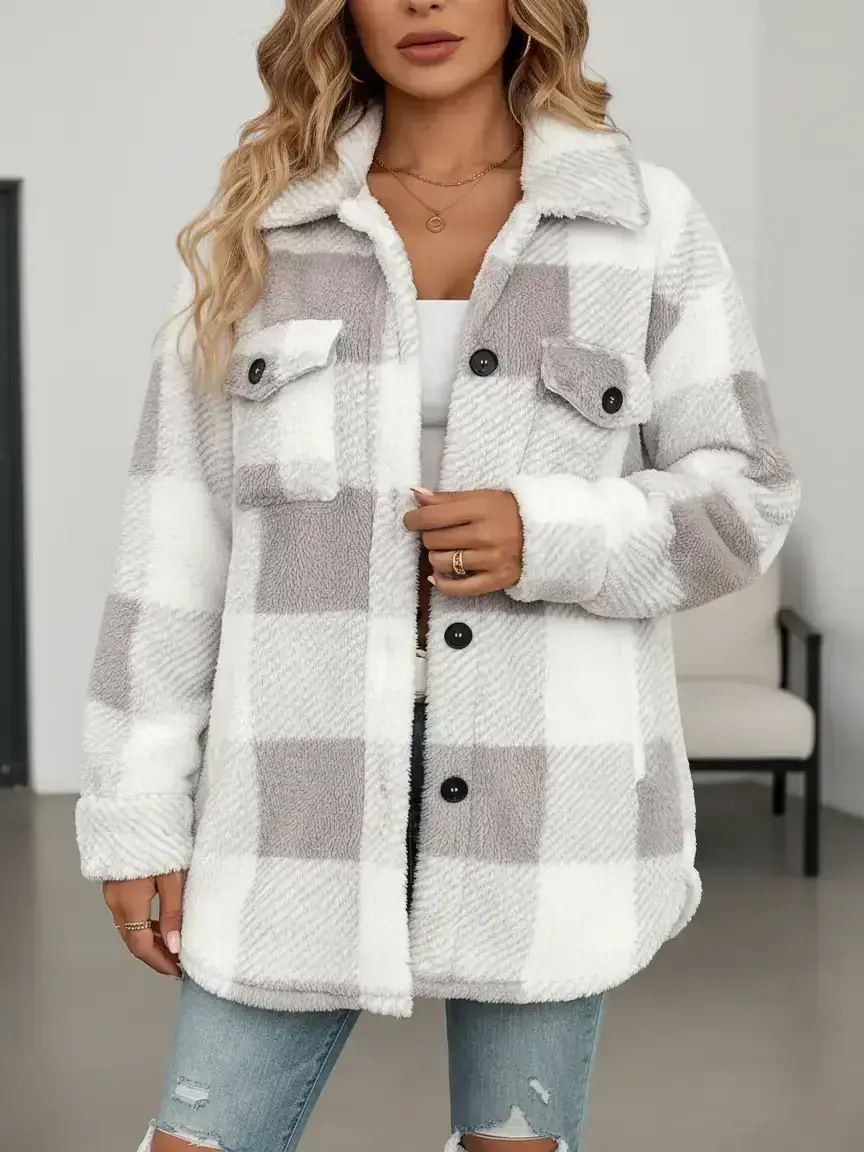 Women's Plaid Soft Fuzzy Coat with Button Front , Casual Drop Shoulder For Fall & Winter Outerwear
