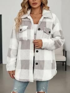 women's plaid print button front fuzzy coat, casual drop shoulder long sleeve collared outerwear for fall & winter, ladies clothes for daily wear, preppy 80s clothes, going out tops, womenswear, casual jacket coat