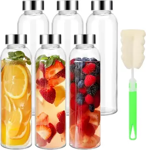 Glass Water Bottles 16 oz with ,  Clear Glass Juice Bottles Set of 6, Beverage Containers for Juicing Refrigerator with Stainless Steel Leak Proof Caps and Cleaning Brush