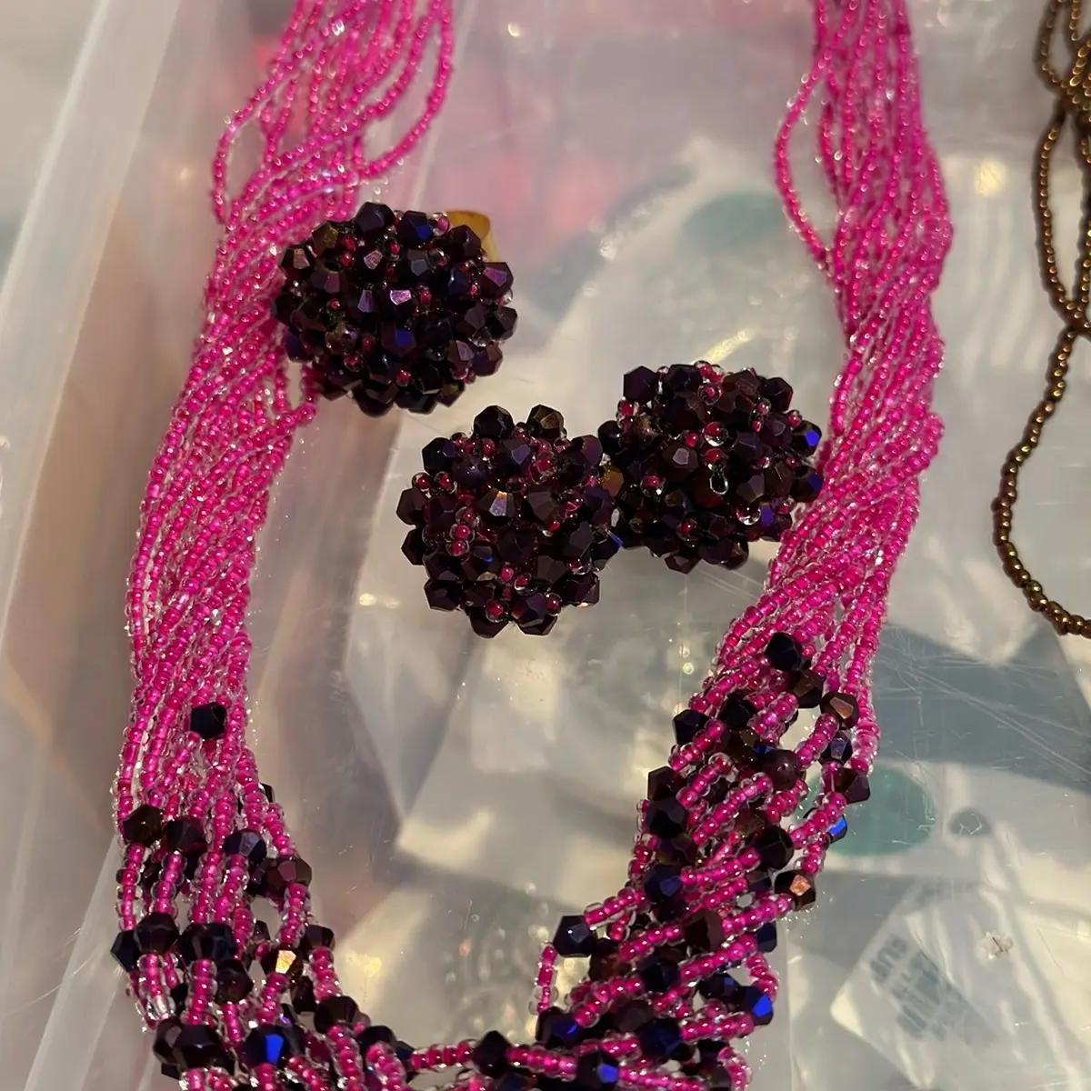 Pote necklace Set with ear rings and finger ring( pink purple mix color)
