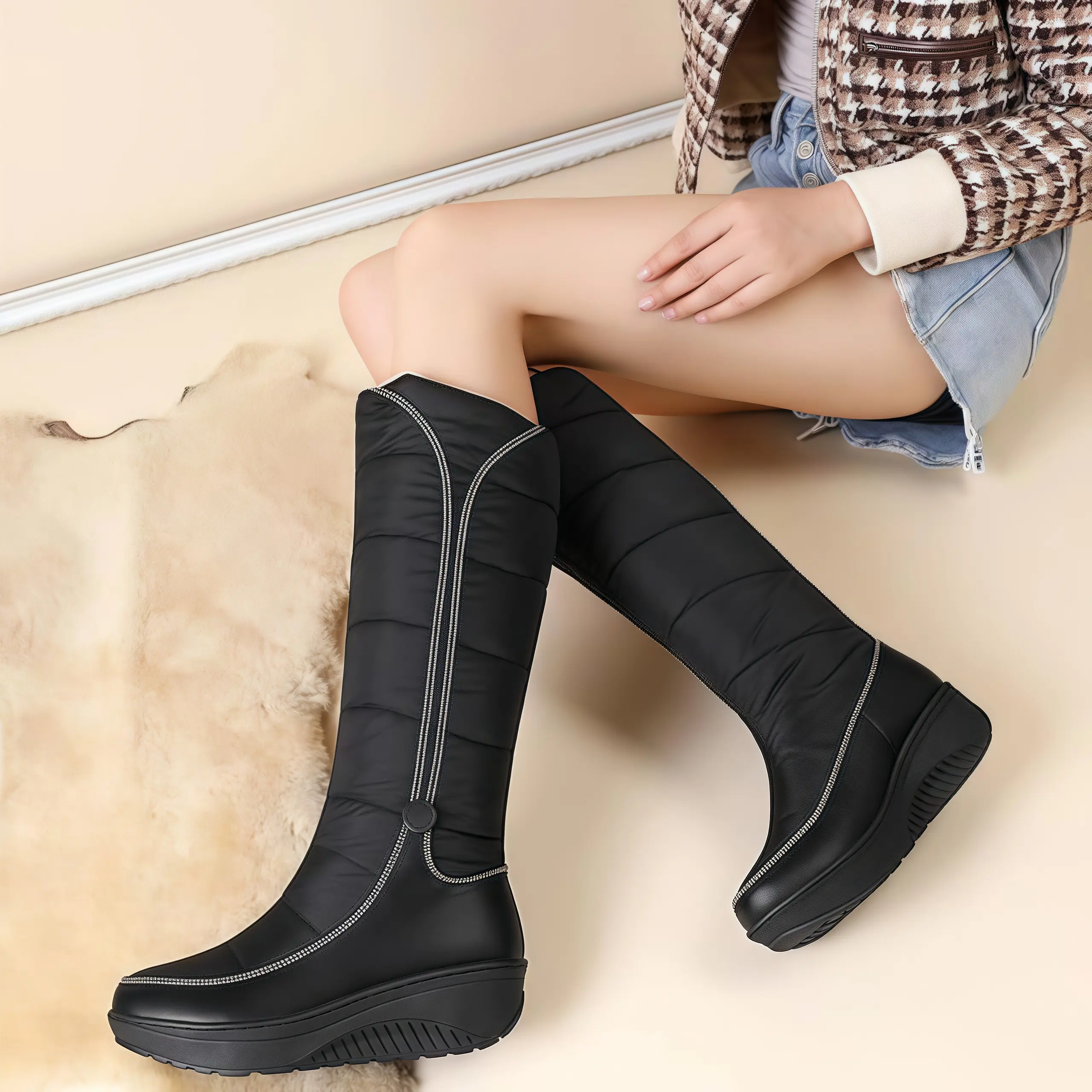 Women's Winter Snow Boots Warm Thick Sole Mid-Calf Waterproof Fur Lined Rain Boots Winter Wedge Boots Comfortable Wear