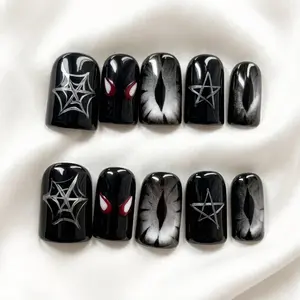 10pcs Handmade Black Press on Nails Short Square | Evil Eye Spider Web Design Goth Alt Nails | Unisex Handmade Reusable Everyday Set Summer Nails Spring Nails Party Nails