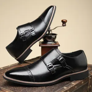 British Retro Double Buckle Monk Shoes with Metal Studs & Engraved Design for Business & Casual Wear Black or Beige Versatile Fashion Shoes
