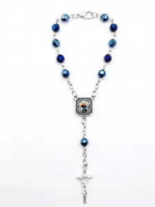 Blue Glass Beaded Bracelet, Retro Ethnic Pattern, Religious Cross Jewelry, Prayer Accessory, All Seasons Wear, Choking Hazard Warning