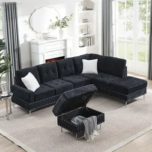 3-Piece Sectional Sofa Set with Storage Ottoman, 102" L-Shaped Couch with Chaise and Rivet Accent Metal Legs, Hardwood Frame Rustic Living Room Furniture, Beige