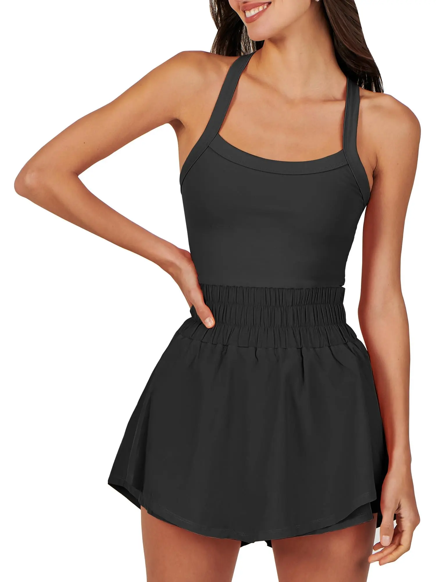 ANRABESS Women's Tennis Dress Shorts Summer One Piece Outfits Athletic Romper Sleeveless Workout Mini Skort Dress