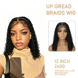 12 Inch Short Boho Knotless Box Braided Full Lace Wigs Hand-Tied Synthetic Goddess Braids with Natural Curly Ends & Baby Hair Bohemian Style Braided Lace Wigs for African American Women Daily Casual & Party Styling