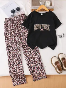 Summer 2-Piece Girls' Leopard Print Letter Print Round Neck Short Sleeve + Leopard Print Long Pants, Casual Fashion Set for Kids