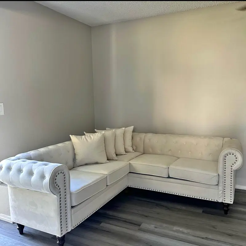 Cream Tufted Chesterfield Sectional Sofa with Nailhead Trim
