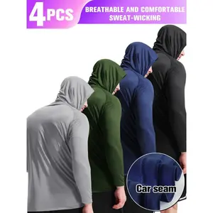 4-pack4-PackMen'sLongSleeveSunProtectionwithHood,-DryBreathableHoodedWorkoutShirtsFishing,Running,Gym