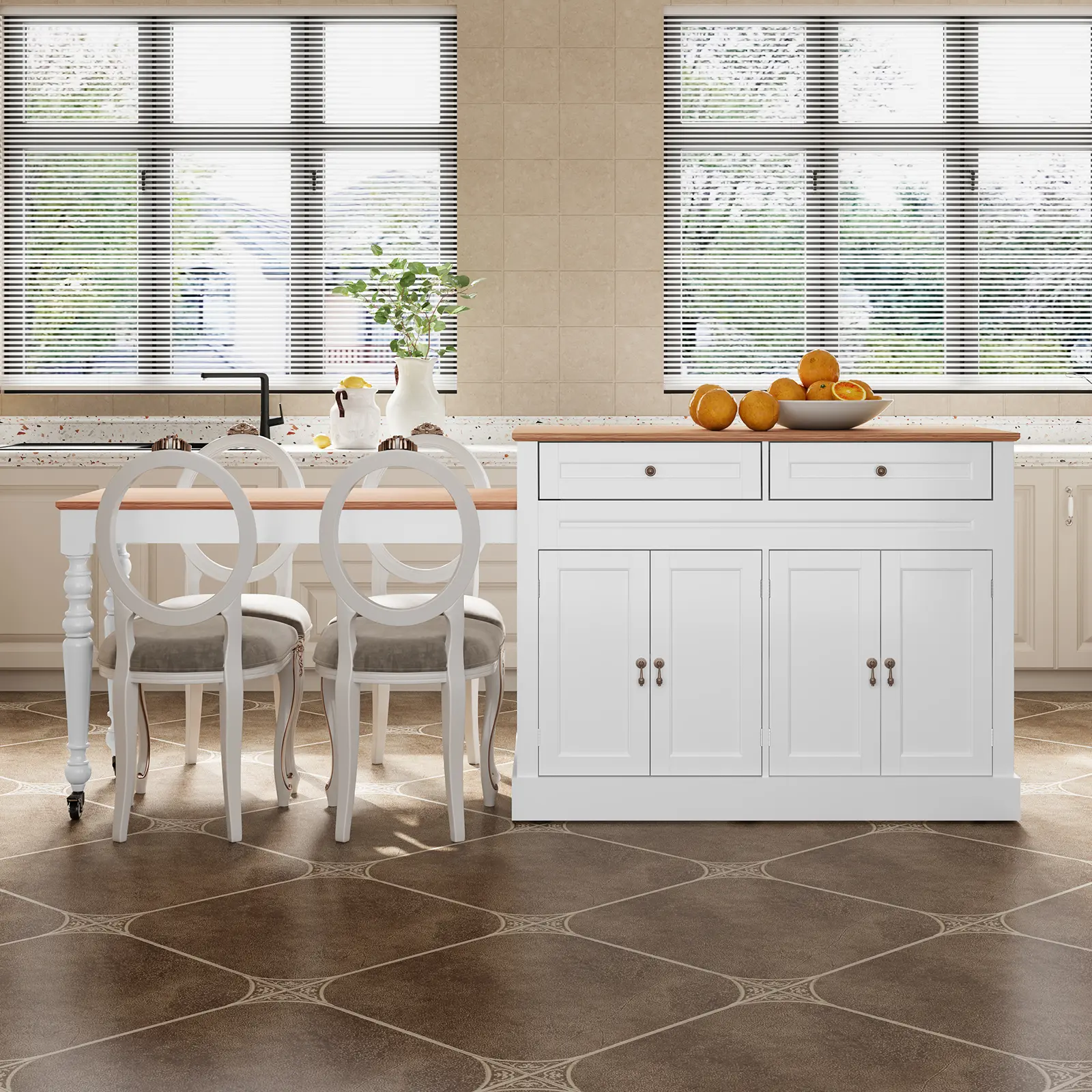 Extendable Kitchen Island - Large Capacity Drawers Adjustable Shelves Power Outlet Family-Ready Durable Decor-Friendly Stores Utensils Feeds 4-6 People Ideal for Families Home Cooks Kitchen Dining Room Breakfast Nook Ensures Convenience Enhances Coziness