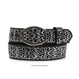 MEN'S WESTERN 2" LASER SILVER GUIDES LEATHER BELT -M313