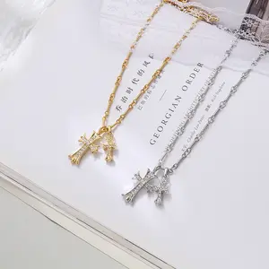 Cross Necklace  Double Cross Pendant Necklace Dainty Diamond Cross Charm Link Chain Choker Delicate Faith Jewelry Religious Gifts for Women
