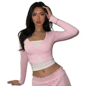 Women's 2026 Summer New Two Piece Top Set with Cropped Cardigan and Camisole Inner Layer Long Sleeve Button Down Cardigan Slim Fit Solid Color Casual Co Ord Set
