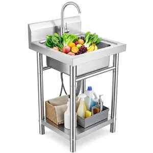 201 Stainless Steel Freestanding Single Bowl Utility Sink with 360° Rotating Faucet, Hot & Cold Water Supply Lines, Sink for Kitchen, Garage, Outdoor Patio, Workshop, Garden & Pet Care