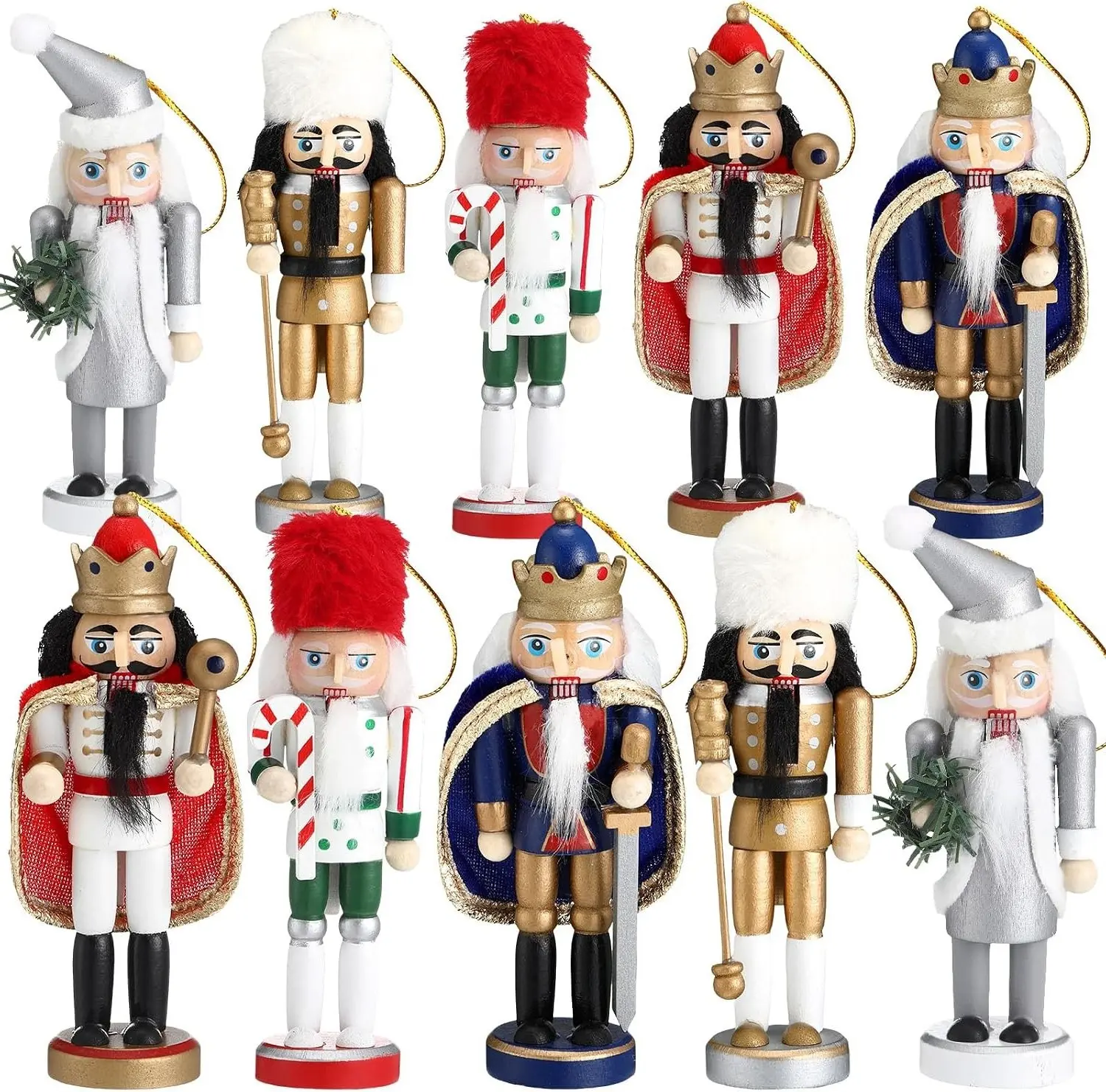 10 Pcs Christmas Nutcracker Ornaments, Colorful King Style Wooden Hanging Decorations 5 Inch Tall Nutcracker Figures Christmas Decor