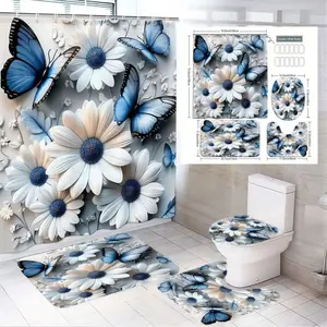 1/4pcs Elegant Floral Butterfly Bathroom Decor Set – Oversized Shower Curtain with Navy and Cream Daisies, Matching Toilet Lid Cover, and Soft Bath Mats for a Fresh Spring Vibe in Your Modern Bathroom Retreat Bathroom Decoration Accessories