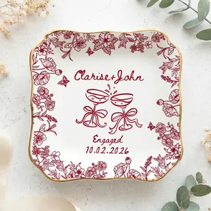 Personalized Engagement Ring Dish, Custom Couple Name Trinket Dish, Floral Wedding Ring Holder, Bridal Shower Gift, Keepsake Plate