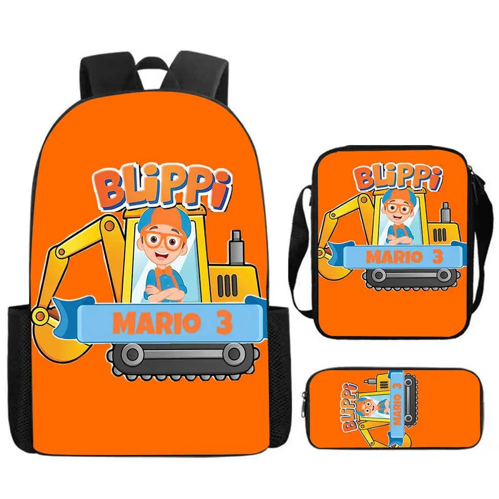 3 In 1 Custom Name Blippi Excavator Backpack Set, Toddler Kids Orange Cartoon Oxford School Backpack Insulated Lunch Bag Pencil Pouch Kit