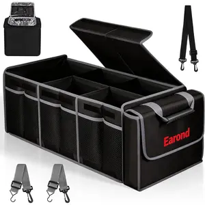 Collapsible Trunk Organizer with Insulated Leakproof Cooler Bag,Removable Lid,Adjustable Securing Straps,3 Compartments Trunk Organizer for SUV,Truck,Sedan(Grey & Black)