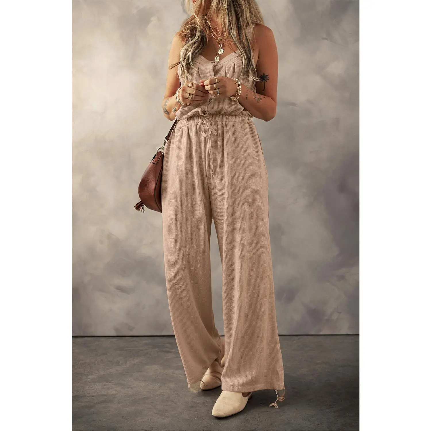 Pale Khaki Knotted Straps Button Textured Drawstring Jumpsuit
