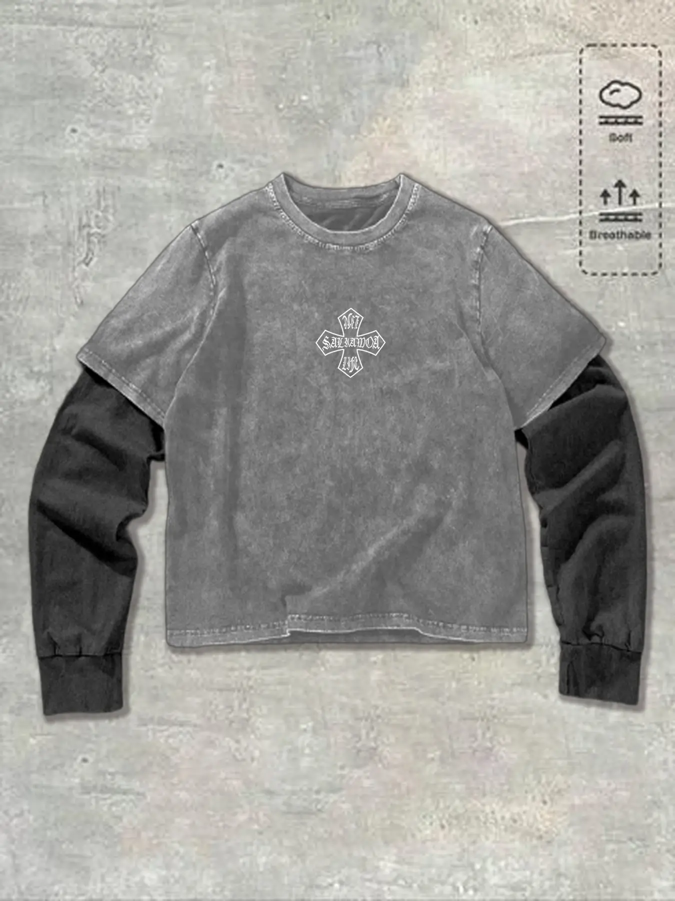 Oversized Vintage Wash Faux Two-Piece Crewneck Long Sleeve T-shirt - Black Gray Contrast Layered Top with Embroidered Cross, Graphic, Unisex Grunge Streetwear, Casual Streetwear Tops, Fall Essential, Soft Breathable Casual