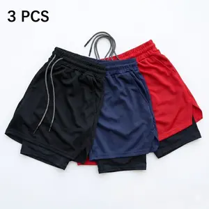 3-pack 2-in-1 Men's Sports Shorts, Mesh Quick-Drying Breathable Running Shorts, Lightweight and Breathable with Compression Lining, Drawstring Waistband, Side Pockets. Suitable for Men's Fitness Training, Basketball, Casual Wear, and Summer Sportswear.