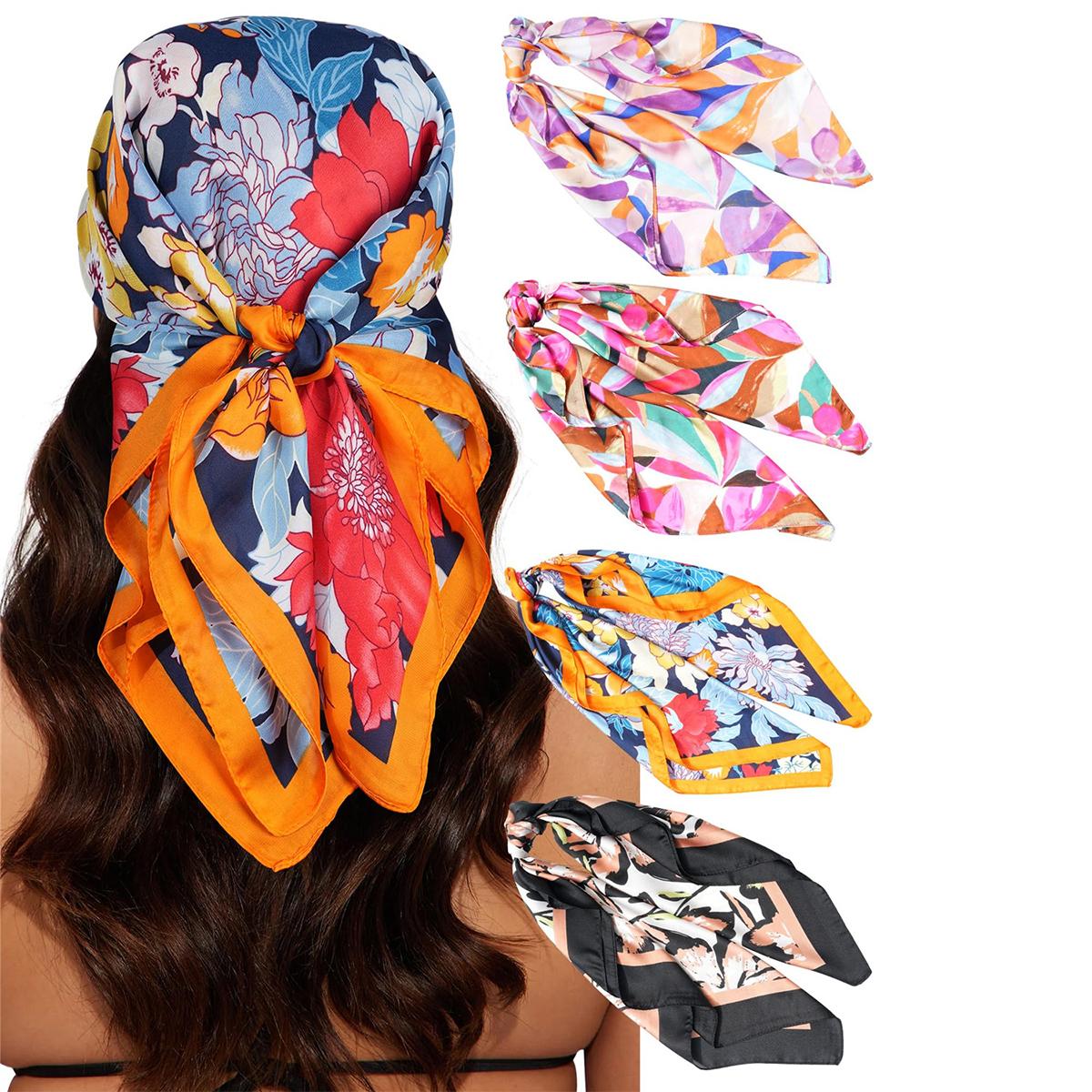 4PCS/Set 27.5In Satin Head Scarf Silk Like Hair Kerchief for Women Lightweight Hair Bandanas Head Scarves Neck Scarves Hair Wrap Hair Band Headscarf Hair Accessories