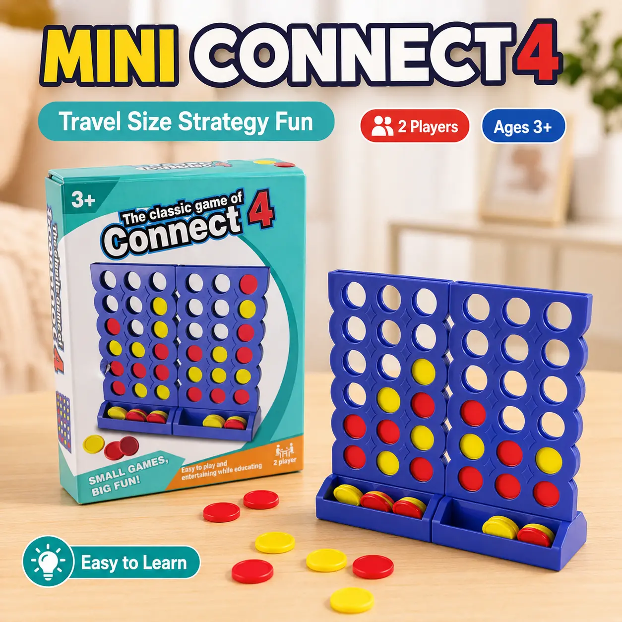 Mini Four in a Row Game, Portable Connect 4 Board Game for Kids, Classic 2 Player Strategy Game, Family Party Travel Toy, Fun Birthday Christmas Gift