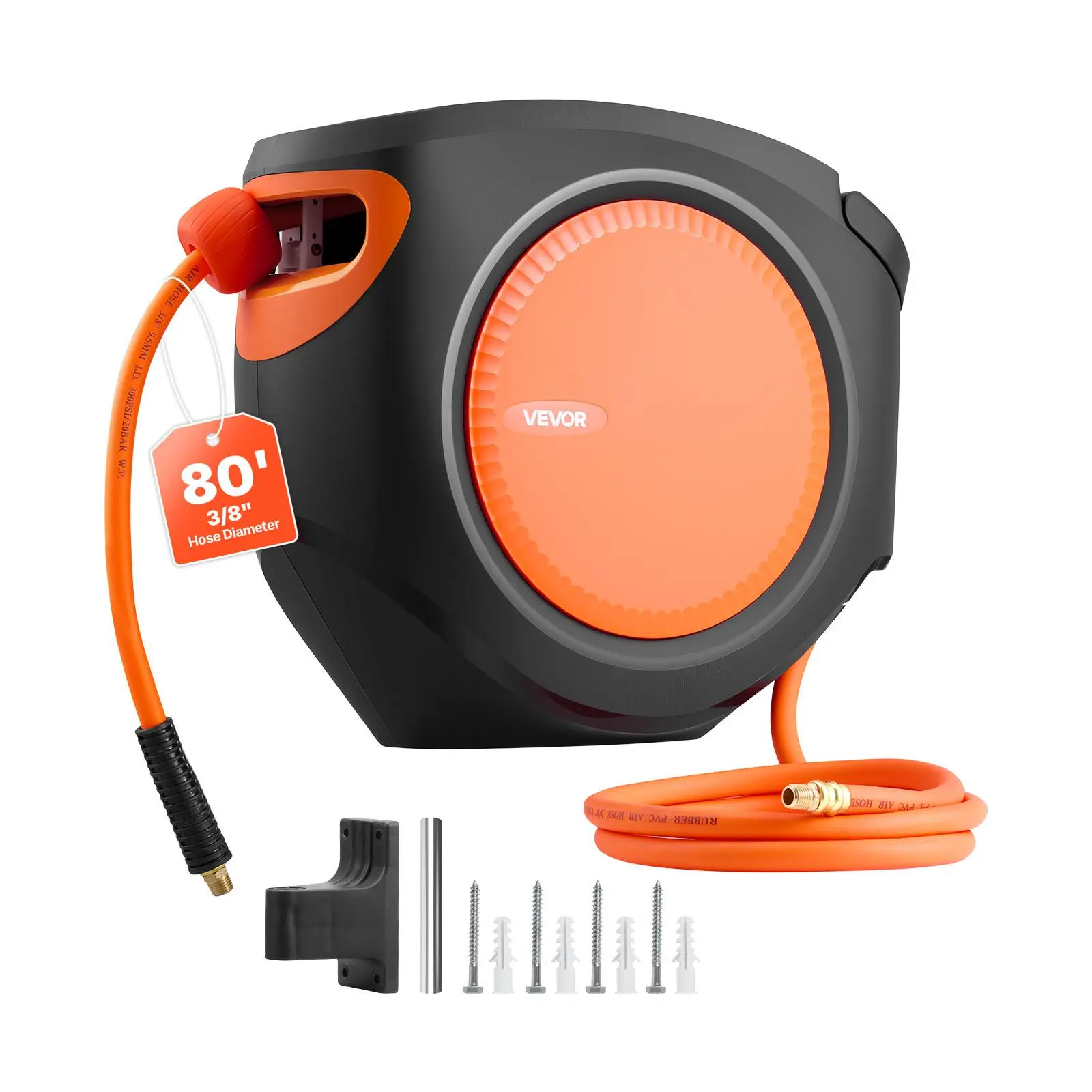 【Summerfinds】VEVOR Retractable Air Hose Reel, 3/8 Inch x 80 FT Hybrid Air Hose Max 300PSI, Enclosed Air-Compressor Hoses Reel Auto Rewind with 6.6 ft Lead in, 180° Swivel Ceiling/Wall Mount for Workshops
