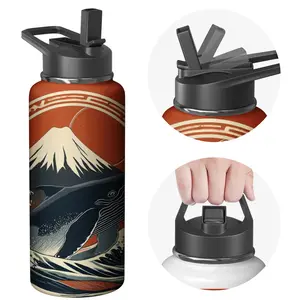 Stainless Steel Water Bottle with Flip Lid - Black and Orange - Mount Fuji and Wave Design - Outdoor Hiking, Travel, Gym Use