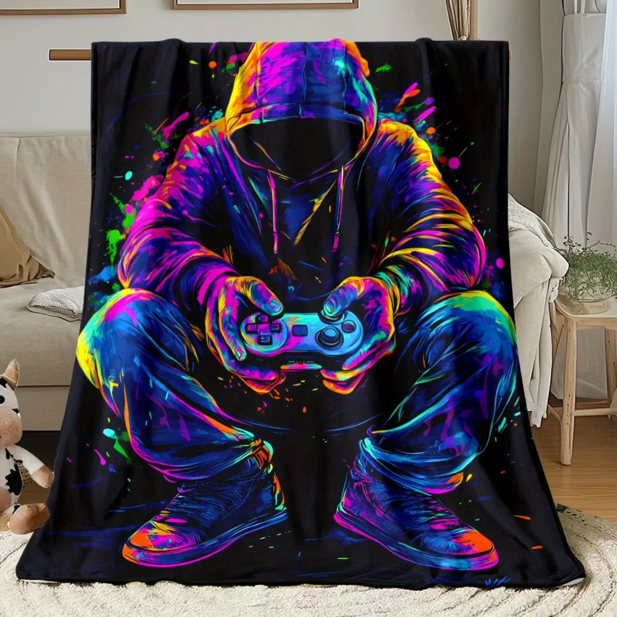 1 piece hooded character game controller blanket - lightweight flannel household bedding blanket, suitable for sofas, beds, travel, camping, living rooms, offices, sofa chairs and beds - soft and warm flannel fabric digital printed blanket