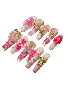 JmDrnails coffin water Nails 10 Pcs Handmade Acrylic Press on Nails Holographic Glitter Accents | Salon-Quality sparkly desgin Statement Nails