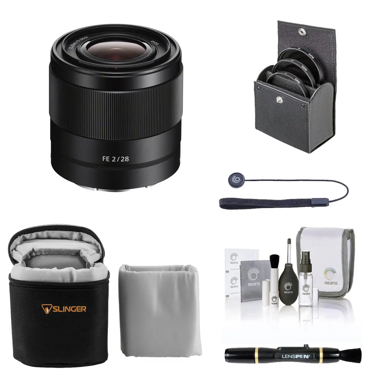 Sony FE 28mm f/2 Lens for Sony E, Bundle with 49mm Filter Kit, Lens Case, Lens Cleaner, Cleaning Kit, Lens Cap Tether