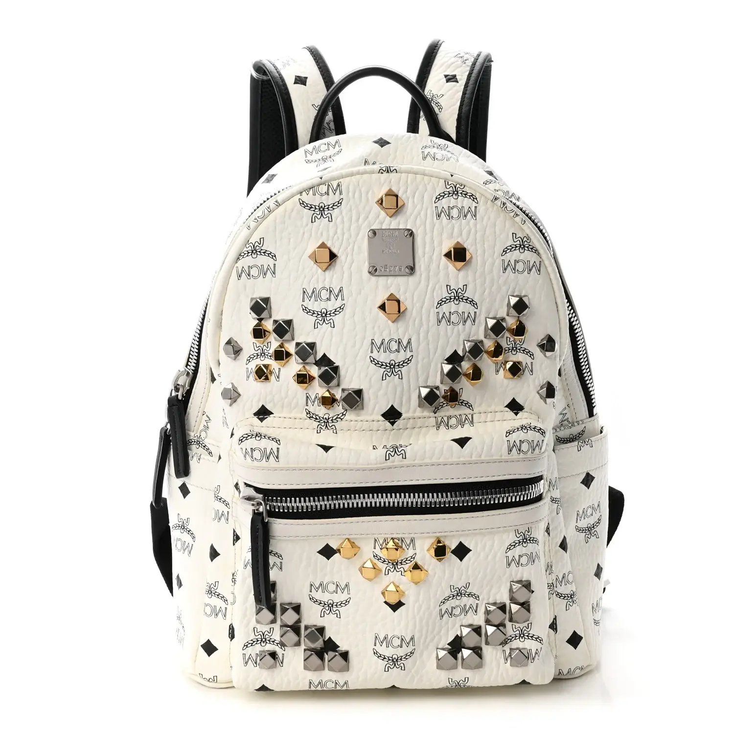Pre-owned MCM Leather Backpacks Visetos Studded Small Stark M Backpack White