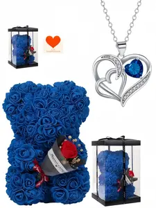 Dual Heart Romance Elegant luxury gemstone necklace with interlocking heart design.Comes with a preserved rose and teddy bear gift box.A mysterious gift ideal for birthdays, Valentine's Day, Mother's Day and Christmas.