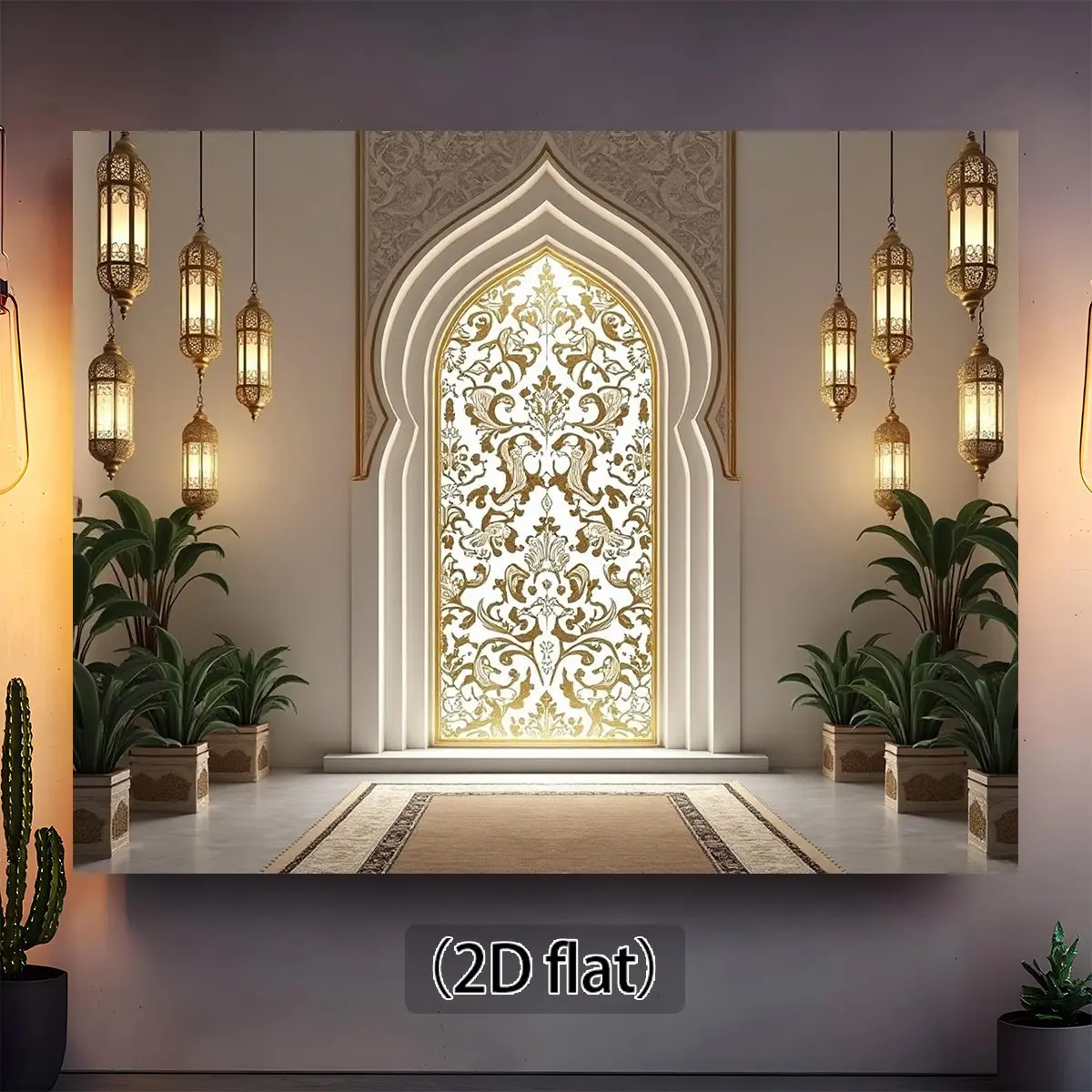 1pc Islamic Muslim 2D Flat Window Banner Tapestry - Gold-Tone Ethnic Damascus Print Ornamental Artwork, Arch Backdrop Wall Decor, No-Electricity Home Room Art for Islamic Wedding Party, Indoor-Outdoor Fabric