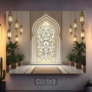 2D Flat 1pc Islamic Arabic Window Banner with Golden Patterns & Greenery - Islamic Wedding Baroque Ceiling Tapestry for party Decorations - Graduation Baptism Confirmation Backdrop - No Electricity Needed Indoor/Outdoor Fabric for Arabic 2D
