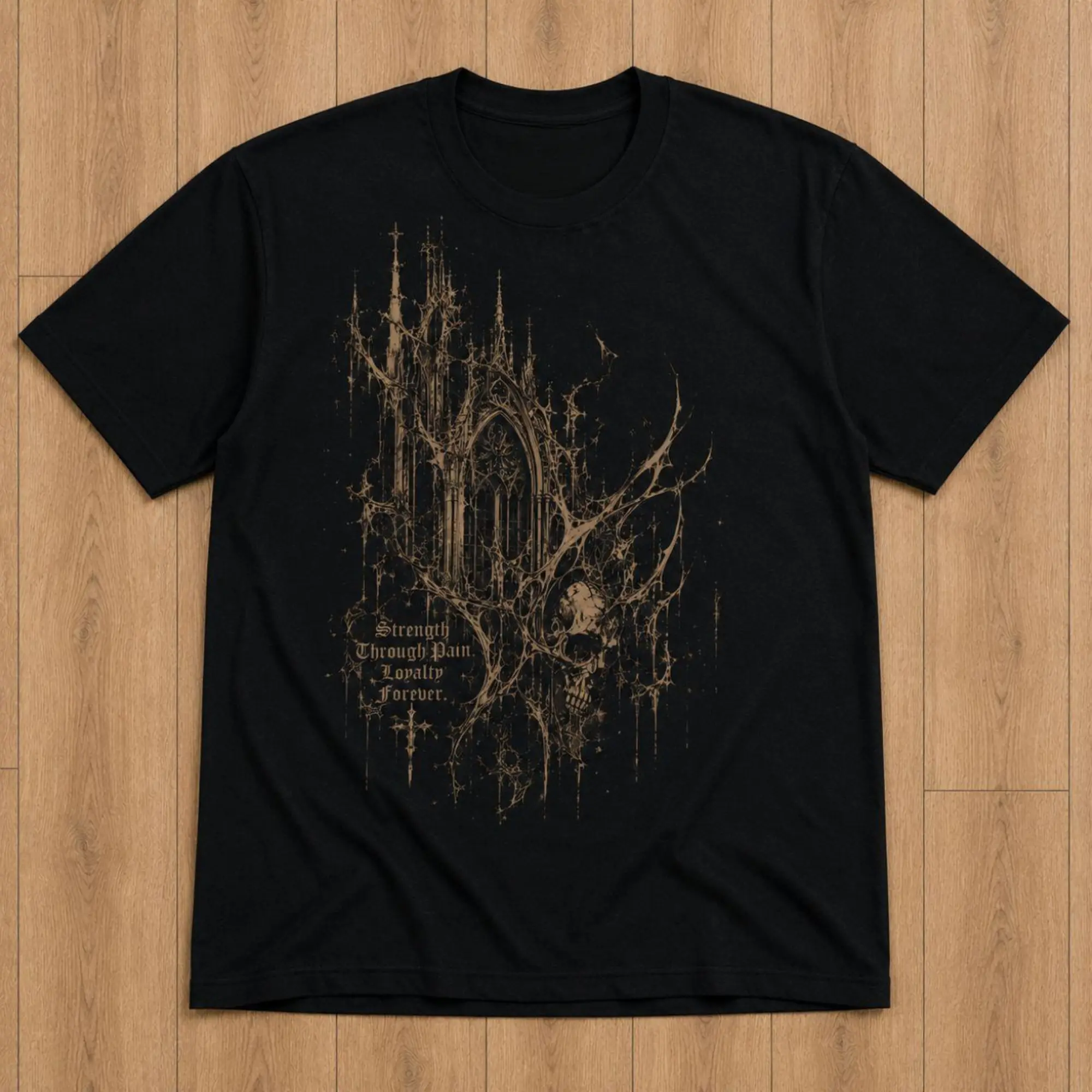 Vintage Spooky Gothic Cathedral Web Skulls T-Shirt - Retro Dark Fantasy Loyalty Forever Graphic Tee, Alternative Metalcore Shirt, Graphic T-Shirt 100% Cotton, Unisex Shirt Menswear Womenswear Streetwear Cotton Comfort
